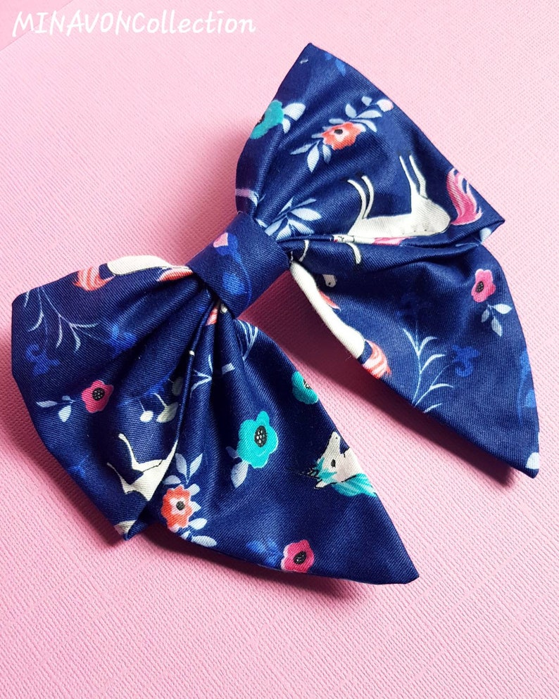 Barrettes Hair Bow Unicorn Hair Bow on Barrette clips Hair Clip Navy unicorn sailor bow White unicorn sailor bow