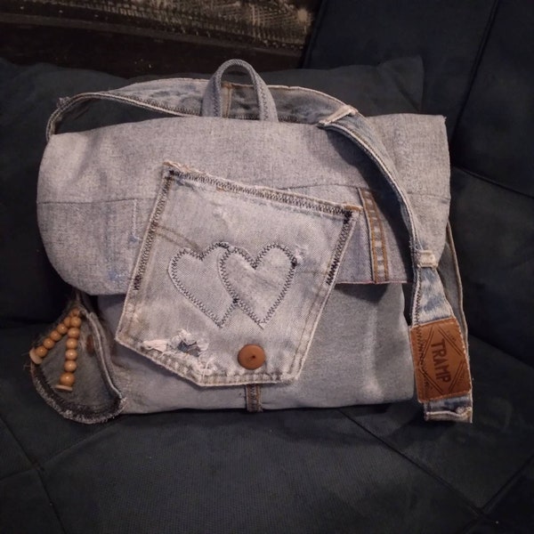 Old Fashion, Destroyed Jeanstasche, Workerjeans, crossbody, gefüttert, Reißverschlusstasche, Klappentasche, Umhängetasche, Handtasche