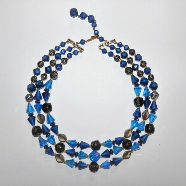 vintage 50's 60's Three Strand Perlée Necklace Cobalt Blue Faceted Acrylic Beads Clear Gray Baroque Retro Jewelry Choker Crazy Five