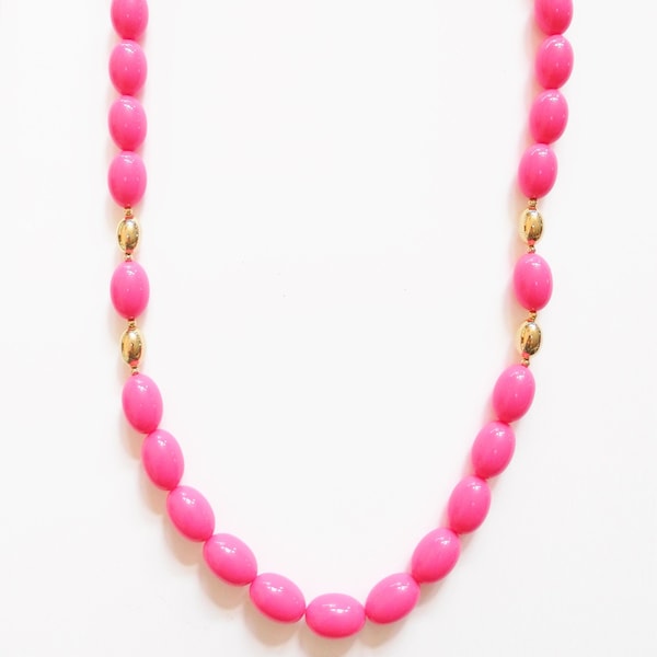 Vintage 80's 90's 34" Long Beaded Chain Necklace Bright PINK Gold Large Oval Egg Acrylic Beads 1980's Jewelry Candy Barbie Bubblegum Crazy 5