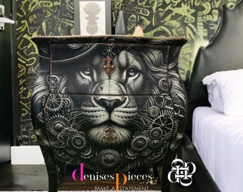 Black and White Painted Steampunk Bombe Night Table / Vibrant Statement Bedside