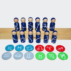 Zodiac constellation peg set-Wooden Peg Doll Toys - Dollhouse Peg Dolls, Loose Parts Play, Montessori Toys