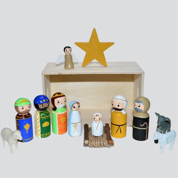 A Christmas Nativity Peg Dolls' Hand painted Wooden Peg Doll Toys - Dollhouse Peg Dolls, Loose Parts Play, Montessori Toys