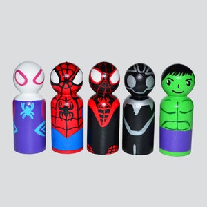 Amazing Super Hero Peg Dolls&#39; Hand painted Wooden Peg Doll Toys - Dollhouse Peg Dolls, Loose Parts Play, Montessori Toys