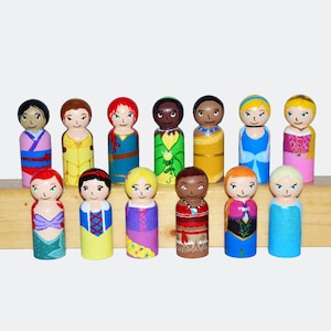 Custom Princess Peg Dolls&#39; Hand painted Wooden Peg Doll Toys - Dollhouse Peg Dolls, Loose Parts Play, Montessori Toys