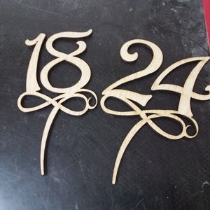 May include: Two wooden numbers, 18 and 24, with decorative swirls, are attached to sticks. The numbers are cut out of wood and have a natural wood colour.