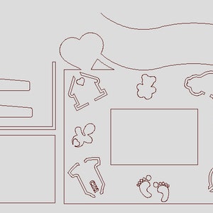 Pode incluir: Um desenho de linha preto e branco de um ber&ccedil;&aacute;rio com uma casa, um urso de peluche, um carro, uma mamadeira, um macac&atilde;o de beb&ecirc;, uma chupeta, um rel&oacute;gio e dois ber&ccedil;os.