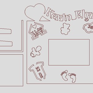 Pode incluir: Uma moldura de madeira branca com um design recortado de um cora&ccedil;&atilde;o, uma casa, um urso de peluche, um carro, uma mamadeira, um despertador e pegadas. A moldura tem espa&ccedil;o para uma foto e inclui o texto "Kevin Elyass", "11.06.2019", "3800 g", "52 cm" e "10:20".
