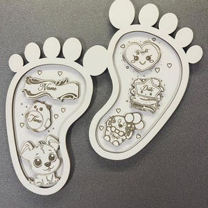 Empreintes de pas de signe de naissance DXF SVG PDF, statistiques de faire-part de bébé, fichier de coupe numérique détails de naissance, lot mignon chat chien ours en peluche découpe laser