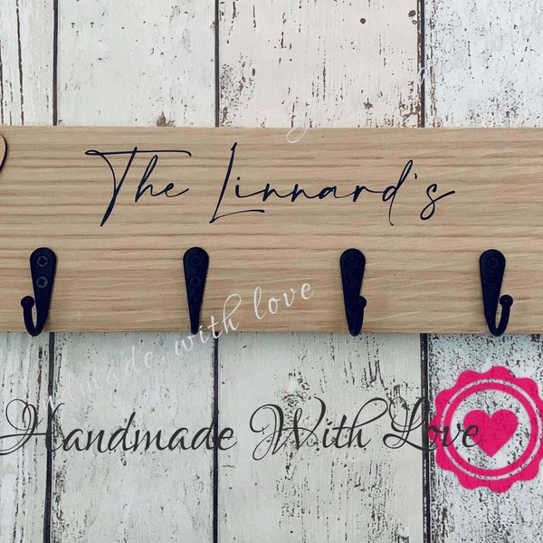 Personalised key ring holder for wall / key hanger with family name / oak effect key rack / personalised housewarming gift