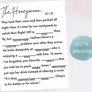 Wedding Shower Ad Lib Game: Modern Minimalist Honeymoon Mad Lib (PDF & PNG)