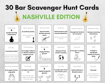 May include: A set of 30 bar scavenger hunt cards with a Nashville theme. The cards are black and white with a green title bar and feature various challenges for bar-goers to complete. Some examples include finding someone wearing cowboy hats, a mechanical bull, a stranger's phone number, and a couple who has been married for 20 years.