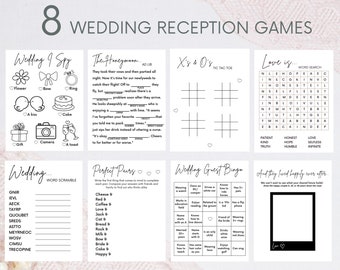 May include: A printable set of 8 wedding reception games. The games include Wedding I Spy, The Honeymoon, X's & O's, Love is, Wedding Word Scramble, Perfect Pairs, Wedding Guest Bingo, and And They Lived Happily Ever After. The games are black and white with hearts and other wedding-themed illustrations.