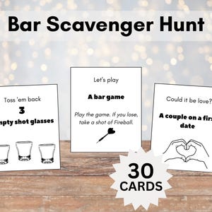 Tarjetas de búsqueda del tesoro de bar imprimibles para descarga instantánea, actividad de bebida para adultos, juego de despedida de soltera