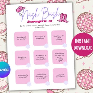 Bearbeitbare Nash Bash Scavenger Hunt Printable, personalisiertes Bachelorette-Spiel zum sofortigen Download, Nashville Hochzeitsfeier