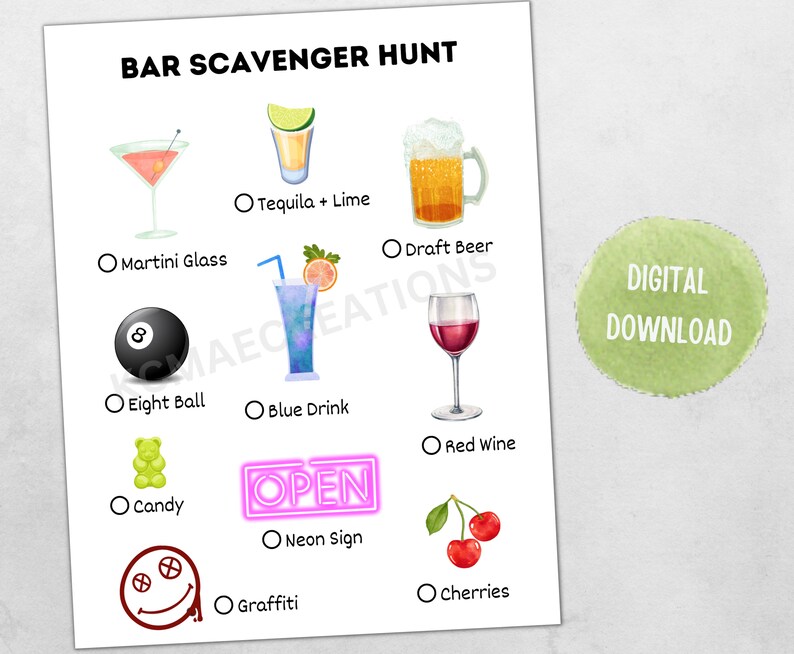 Bar Scavenger Hunt Printable for Instant Download, Drinking Activity ...