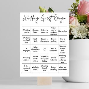 Juego de bingo para invitados de boda imprimible para recepción, actividad de mezcla de invitados, descargas instantáneas PDF PNG minimalistas modernas, 8.5x11 y 5x7