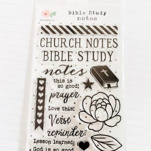 May include: Clear stamp set with the text "Bible Study notes", "Church Notes", "Bible Study", "notes", "prayer", "Verse reminder", and "God is so good". Includes images of a book, a star, a heart, a flower, and a leaf.