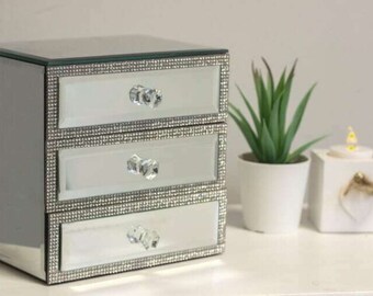 3 Drawer Mirrored Diamante Jewellery Box Silver Sparkle Chest Christmas Gift