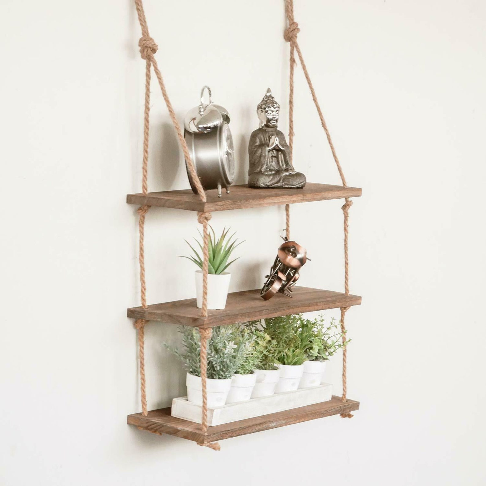 Wooden Hanging Rope Shelf 3 Tiered Rustic Swing Floating Shelf Etsy