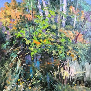 Olieverfschilderij bosbeek, rivier in nationaal boslandschap, rivieroever, kleurrijk, originele foto op canvas, Oekraïens decor, gestructureerd