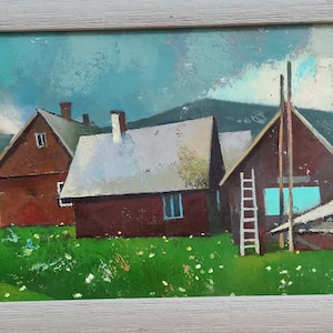 Abstract Oil painting Carpathian motif, farmhouses, floral meadow, in Mountains, Ukrainian Landscape, Original on canvas, Ukrainian decor