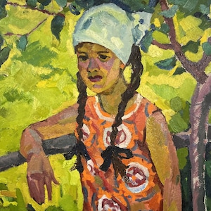 Pintura a óleo ucraniana, retrato de menina, pintura de jardim, pintura vintage, pintura da natureza, pintura original assinada pintura imagem elegante