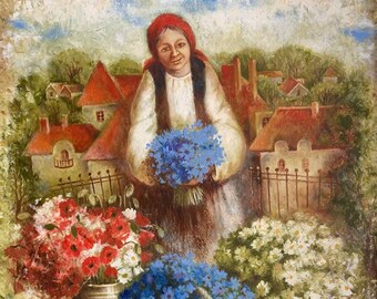 Dipinto ad olio, acquista fiori per favore, Ritratto di nonna, Donna con fiori, Fiori in un cesto, Originale su tela, Decorazione ucraina, Strutturato