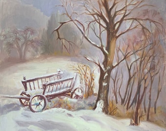 Oil painting Winter mist, Snowy forest, Ukrainian countryside, Winter Rural Landscape, Original picture on Canvas, Ukrainian decor, Textured