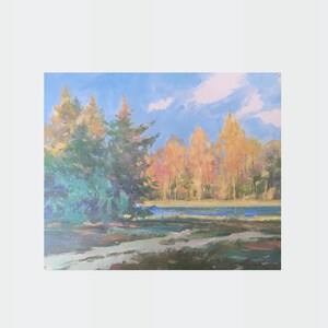Peinture à l'huile chaude journée d'automne, peintre ukrainien, décoration d'intérieur, peinture originale, photo de décoration ukrainienne sur carton, peinture de paysage texturée