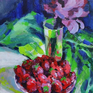 Peinture à l'huile Nature morte aux fraises, Mélange rustique, Nature morte aux baies, Bouquet de fleurs, Image originale sur toile, Décoration ukrainienne, Texturé