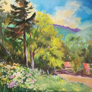 Ölgemälde Hinter dem Dorf, Blumenwiese, Bauernhäuser im Wald, Ukrainische Landschaft, Original auf Leinwand, Ukrainischer Dekor, texturiert