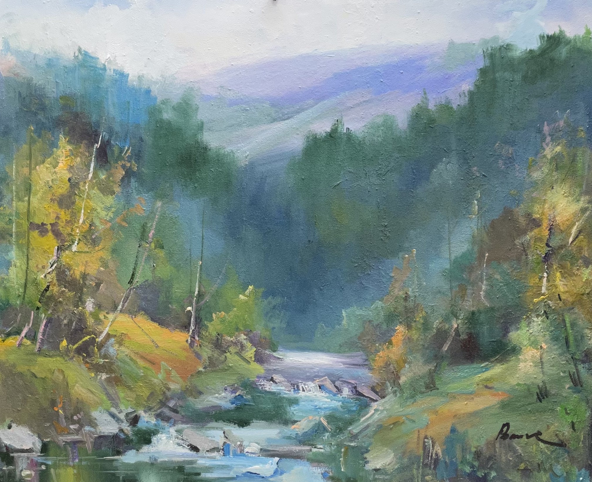 genuine River in national forest oil painting, Original artwork on canvas,  Ukrainian decor, Handmade, Oil textured, Riverside landscape, river rock