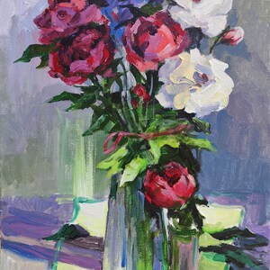 Pintura acrílica Bodegón de peonías, Flores mixtas, Bodegón floral, Ramo de flores, Cuadro original sobre lienzo, Decoración ucraniana, Texturizado