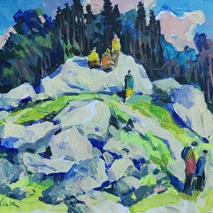 Petit repos de peinture à l'huile, paysage forestier ukrainien, au seuil de la forêt, collines en pierre, original sur carton, décor ukrainien, texturé