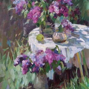 Pintura al óleo Bodegón noble de lilas, Flores de color lila, Pintura floral de cocina Obra de arte original sobre lienzo, Decoración ucraniana, Hecho a mano, Texturizado