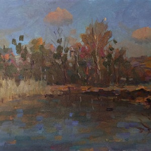 Oil painting Around the pond, along Pond, Ukrainian Landscape, Reflection in the water, Original picture on canvas, Ukrainian decor Textured
