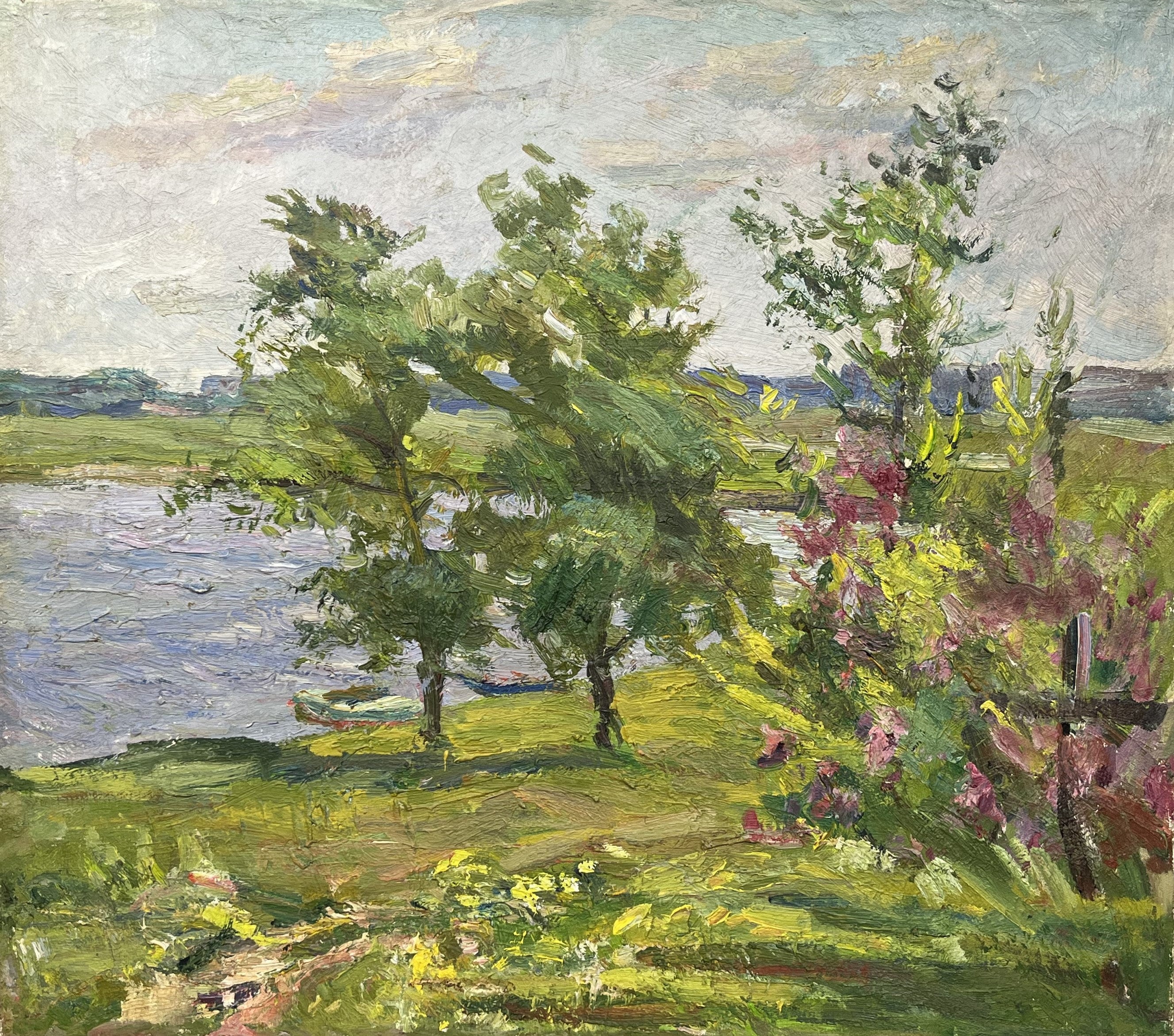 油絵 （サインあり） サイン入り春の風景油絵：コーガン・シャッツ作品（26.77x23.82インチ