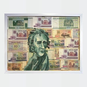 Ukrainische Malerei, Geldcollage, Ukrainische Ölmalerei, Geldgeschenk, Ukrainischer Maler, Originalbild auf Papiergeld