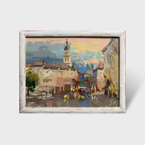 Ukrainian oil painting, Lviv square painting, Ukrainian painter, Ukrainian cityscape, Original picture on canvas, Ukrainian decor, Framed