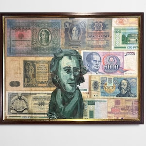 Dipinto ad olio ucraino, dipinto collage di denaro, arte murale con denaro incorniciato, pittore ucraino, quadro originale su carta moneta, arredamento ucraino