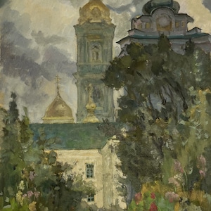 Oil painting Monastery artwork collectibles nature painting original artwork signed artwork