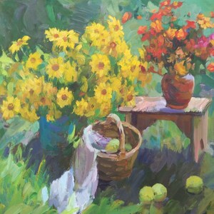 Pintura a óleo Flores de verão natureza morta, Natureza morta floral na natureza, Grande buquê de flores, Maçãs, Original sobre tela, Decoração ucraniana, Textura