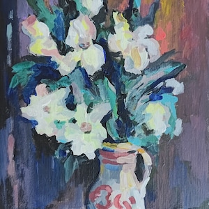 Pequeña pintura al óleo Bodegón de flores blancas, Bodegón floral, Ramo de flores, Imagen original sobre cartón, Decoración ucraniana, Texturizado