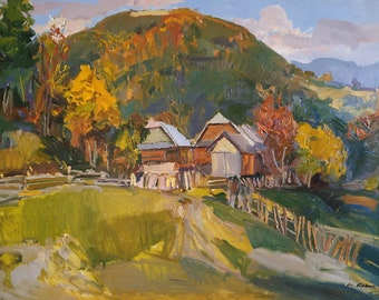 Large oil painting Ukrainian countryside landscape, Autumn in Transcarpathia, Mountain Village, Original on canvas, Ukrainian decor, Texture