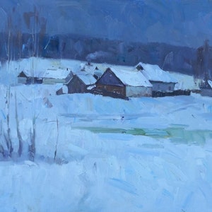 Olieverfschilderij Poltava-boerderij, winteravond, Oekraïens platteland, originele foto op canvas, Oekraïens decor, getextureerd, landelijk landschap