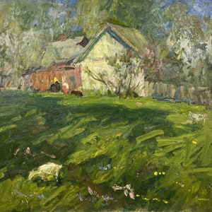 Oil painting Near the house artwork collectibles nature painting original artwork signed artwork