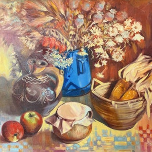 Pintura al óleo Bodegón rural, Rústico mixto, Bodegón floral, Ramo de flores, Imagen original sobre lienzo, Decoración ucraniana, Texturizado