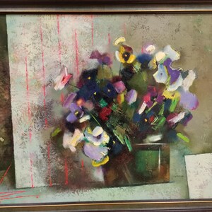 Oil painting on canvas, Still life, Viola tricolor, Ukrainian painter, original picture, signed artwork, art&collectibles, kitchen decor