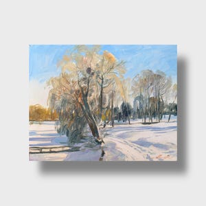 Pintura al óleo ucraniana, Sol de invierno, Pintor ucraniano, Paisaje ucraniano, Imagen original sobre cartón, Decoración ucraniana, Texturizada